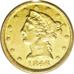 1846-D/D $5 AU55 PCGS. Variety 15-J. The popular varie 