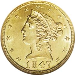 1847 $5 MS63 NGC. The 1847 half eagle is relatively co 