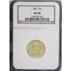 1851 $5 AU58 NGC. The devices have a hint of friction 