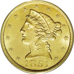 1851 $5 MS63 PCGS. This sharply struck, smooth, and fu 