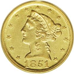 1851-D $5 AU55 PCGS. Variety 26-R. The first 1 in the 