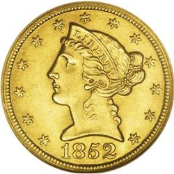 1852 $5 MS62 NGC. Among No Motto half eagles, the high 
