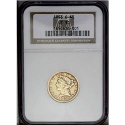 1853-C $5 VF30 NGC. Variety 20-H. With an estimated 80 
