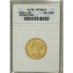 1853-C $5 --Scratched--ANACS. AU50 Details. Variety 20- 