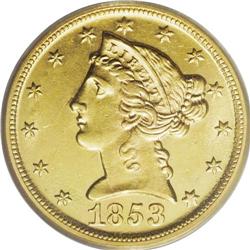 1853-D $5 Large D MS61 PCGS. Variety 29-U. The mintma 