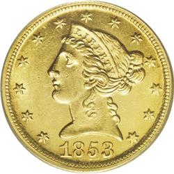 1853-D $5 Large D MS61 PCGS. Variety 29-V. This sharpl 