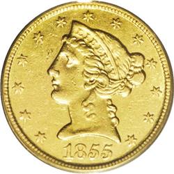 1855-C $5 AU55 PCGS. Better struck than the usual C-mi 