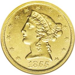 1855-C $5 MS60 NGC. Variety 23-J. A smooth and pleasin 