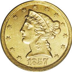 1857-C $5 AU58 PCGS. Variety 25-J. The strike is pleas 