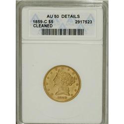 1859-C $5 --Cleaned--ANACS. AU50 Details. Variety 27-M. 