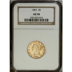 1861 $5 AU58 NGC. Ample luster clings to brassy-gold s 