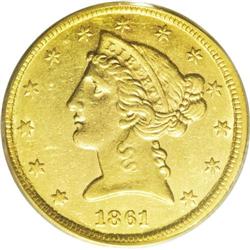 1861-C $5 AU55 PCGS. Variety 30-K. Of the 6,879 pieces 