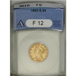 1865-S $5 Fine 12 ANACS. Entirely legible despite mode 