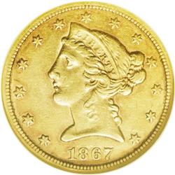 1867-S $5 AU53 NGC. This early Motto S-mint issue has 