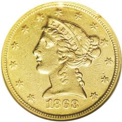 1868 $5 AU50 NGC. Gold coins failed to circulate on th 