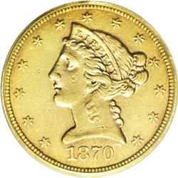 1870-S $5 AU50 PCGS. S-mint half eagles and eagles pri 