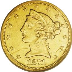 1871-S $5 AU50 NGC. Despite its mintage of 25,000 piec 