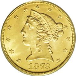 1873 $5 Closed 3 MS64 PCGS. The 112,480-piece mintage 