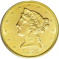 1874 $5 MS63 PCGS. In its Bass auction appearance, the 