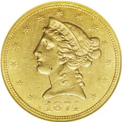 1874-S $5 AU55 NGC. Luminous honey-gold luster emerges 