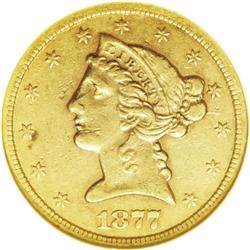 1877-CC $5 XF45 NGC. A slight degree of highpoint wear 