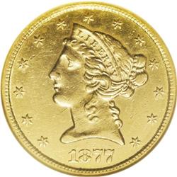 1877-CC $5 AU50 NGC. This rare Carson City half eagle 