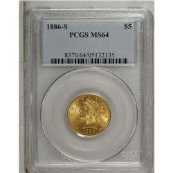 1886-S $5 MS64 PCGS. This peach-gold near-Gem has pret 