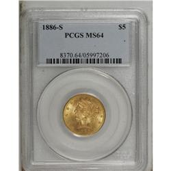 1886-S $5 MS64 PCGS. Predominantly yellow-gold with hi 