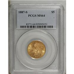 1887-S $5 MS64 PCGS. Choice and solidly struck with pl 