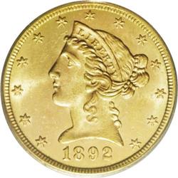 1892-CC $5 MS63 PCGS. This lustrous and boldly impress 