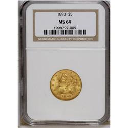1893 $5 MS64 NGC. This frosty near-Gem sports pleasing 