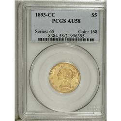 1893-CC $5 AU58 PCGS. Variety 1-A. A solidly struck ho 