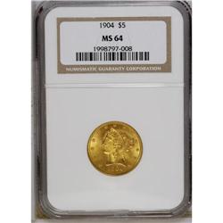 1904 $5 MS64 NGC. Choice and frosty with a few light m 