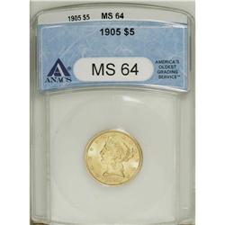 1905 $5 MS64 ANACS. Pale green accents appear on the y 