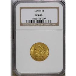 1906-D $5 MS64 NGC. Choice and lustrous, this half eag 