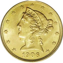 1906-D $5 MS65 PCGS. Original yellow-green patina embr 
