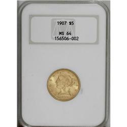 1907 $5 MS64 NGC. Solidly struck with lustrous butter- 