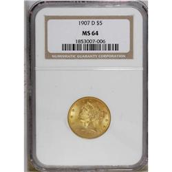 1907-D $5 MS64 NGC. A lustrous butter-yellow Denver Mi 