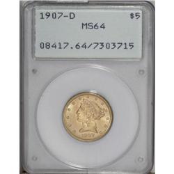 1907-D $5 MS64 PCGS. A well-preserved peach-gold near- 