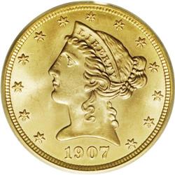 1907-D $5 MS66 PCGS. The peach-gold surfaces have vibr 