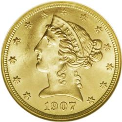 1907-D $5 MS67 NGC. Tilted Mintmark. This variety has 