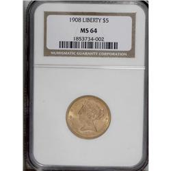 1908 $5 MS64 NGC. A boldly struck piece with vivid ora 