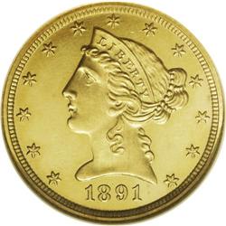 1891 $5 PR66 Deep Cameo NGC. The mintage of half eagle 
