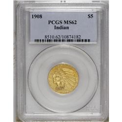 1908 $5 MS62 PCGS. A subtly lustrous orange-gold examp 