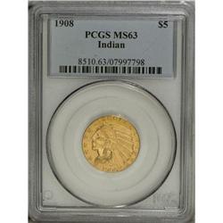 1908 $5 MS63 PCGS. This gently shimmering green-gold f 