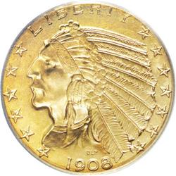 1908 $5 MS64 PCGS. This gorgeous near-Gem has soft fro 