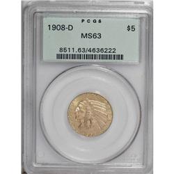 1908-D $5 MS63 PCGS. Select and softly lustrous with s 