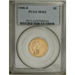 1908-D $5 MS63 PCGS. The yellow-orange surfaces have h 