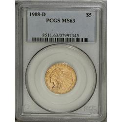 1908-D $5 MS63 PCGS. A radiant sun-gold half eagle tha 