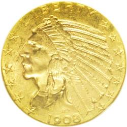 1908-D $5 MS64 NGC. The softly glowing peach-gold surf 